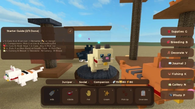 Roblox Studio capture of 3D cats with the 6-slot Care HUD and 7-button Cattery Toolbar in WhiskerVale