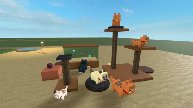 Roblox Studio capture of a private cattery plot with Cozy Cat Bed, 2-Tier Cat Tree, Scratching Post, Toy Box and Stocked Aquarium