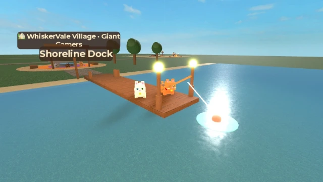 Roblox Studio capture of Shoreline Dock fishing pier with glowing lanterns, bamboo rod, bobber and companion cats