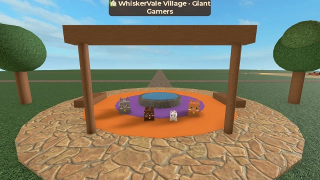 Roblox Studio capture of WhiskerVale Village Plaza welcome archway, fountain, trees and cats