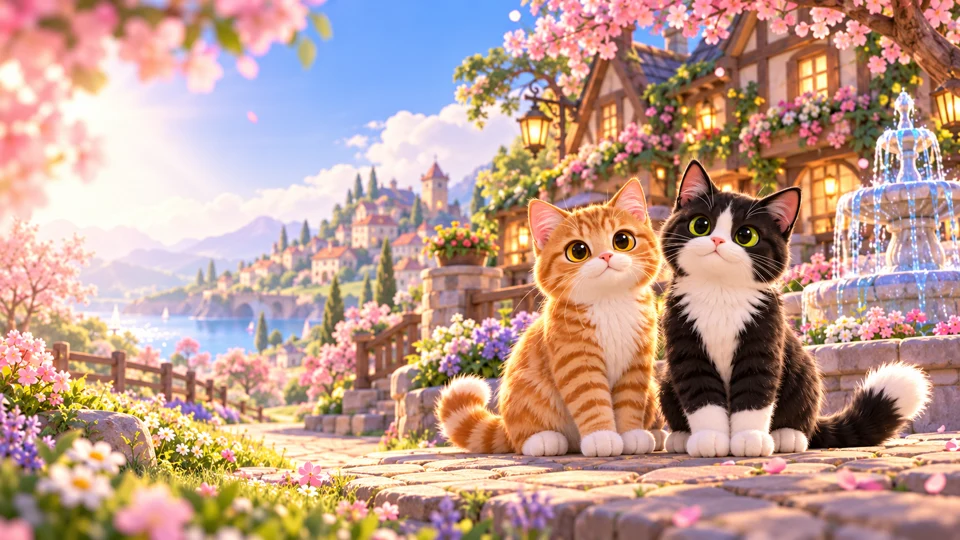 Illustrated orange tabby and tuxedo cats in a flowering village
